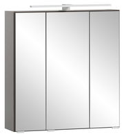 Moderner Spiegelschrank mit drei Türen und integrierter Beleuchtung, seitliche Perspektive