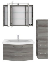 Badblock-Set mit Spiegelschrank, Waschbeckenunterschrank und Hochschrank in moderner Holzoptik, Frontalansicht