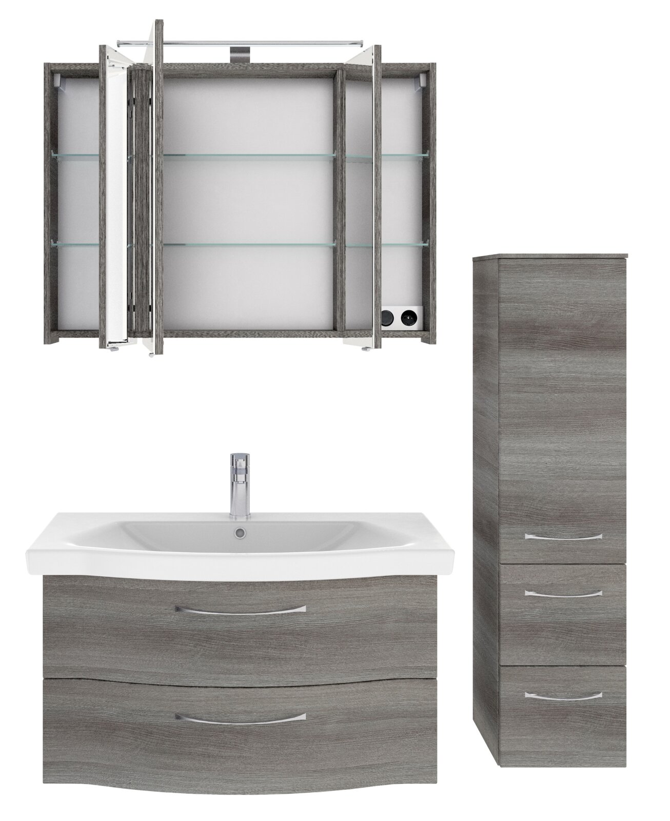 Badblock-Set mit Spiegelschrank, Waschbeckenunterschrank und Hochschrank in moderner Holzoptik, Frontalansicht