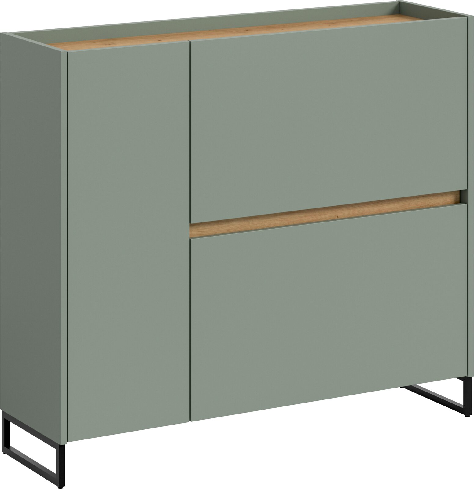 MID.YOU Schuhkommode DRIVE Modernes Sideboard/Kommode in Salbeigrün mit Holz-Akzenten und schwarzem Metallgestell, Ansicht schräg von vorne links