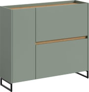 Modernes Sideboard/Kommode in Salbeigrün mit Holz-Akzenten und schwarzem Metallgestell, Ansicht schräg von vorne links
