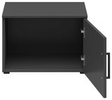 Schwarzer Aufsatzschrank mit geöffneter Tür, Frontansicht