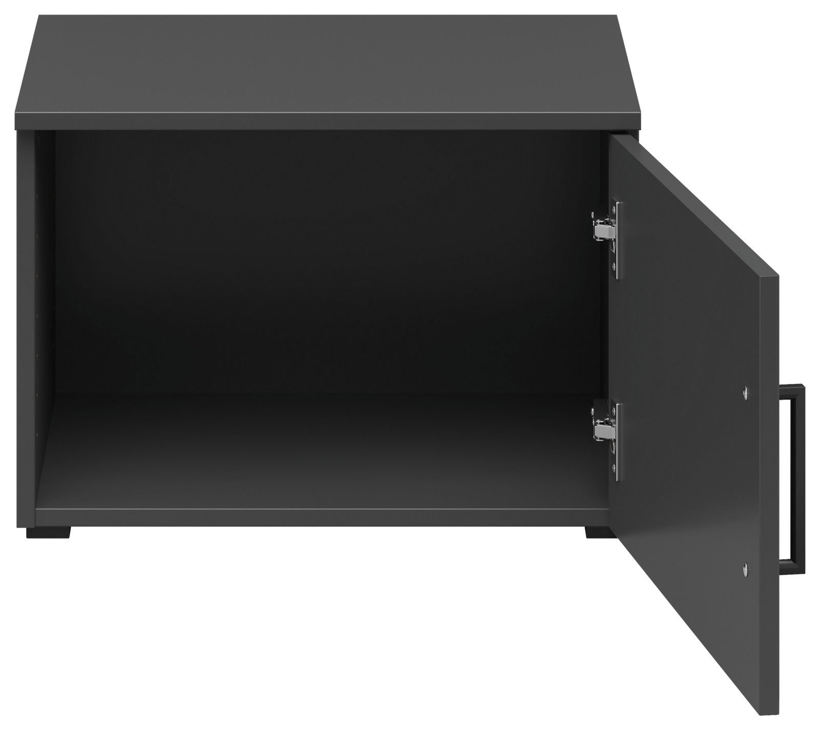 Schwarzer Aufsatzschrank mit geöffneter Tür, Frontansicht