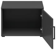 Schwarzer Aufsatzschrank mit geöffneter Tür, Frontansicht
