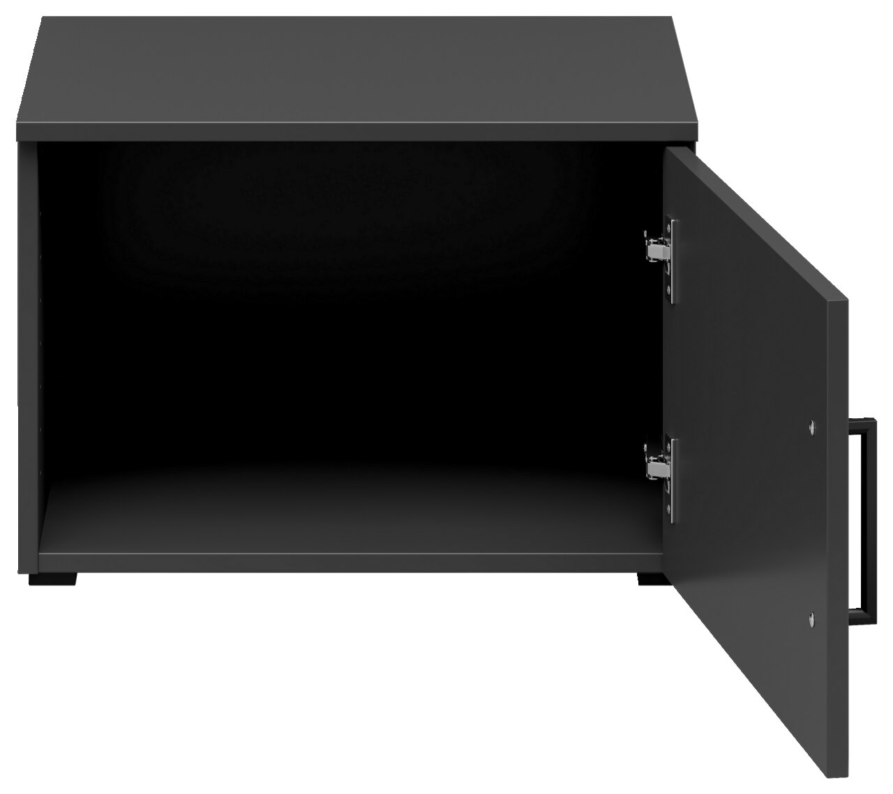 Schwarzer Aufsatzschrank mit geöffneter Tür, Frontansicht
