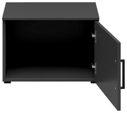 Schwarzer Aufsatzschrank mit geöffneter Tür, Frontansicht