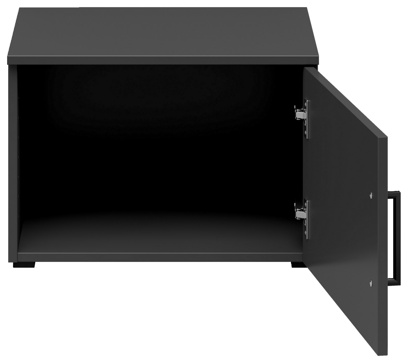 Schwarzer Aufsatzschrank mit geöffneter Tür, Frontansicht