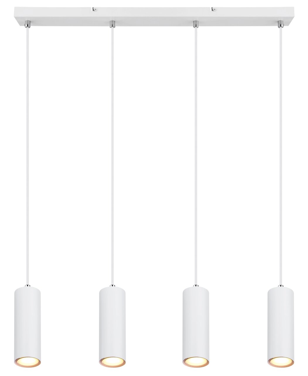Moderne Hängeleuchte mit vier zylindrischen, weißen Lampenschirmen, von unten betrachtet.