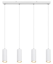 Moderne Hängeleuchte mit vier zylindrischen, weißen Lampenschirmen, von unten betrachtet.