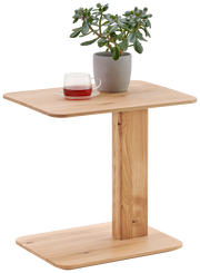 Moderner Beistelltisch aus Holz mit einer Pflanze und einer Tasse Tee darauf, seitliche Perspektive