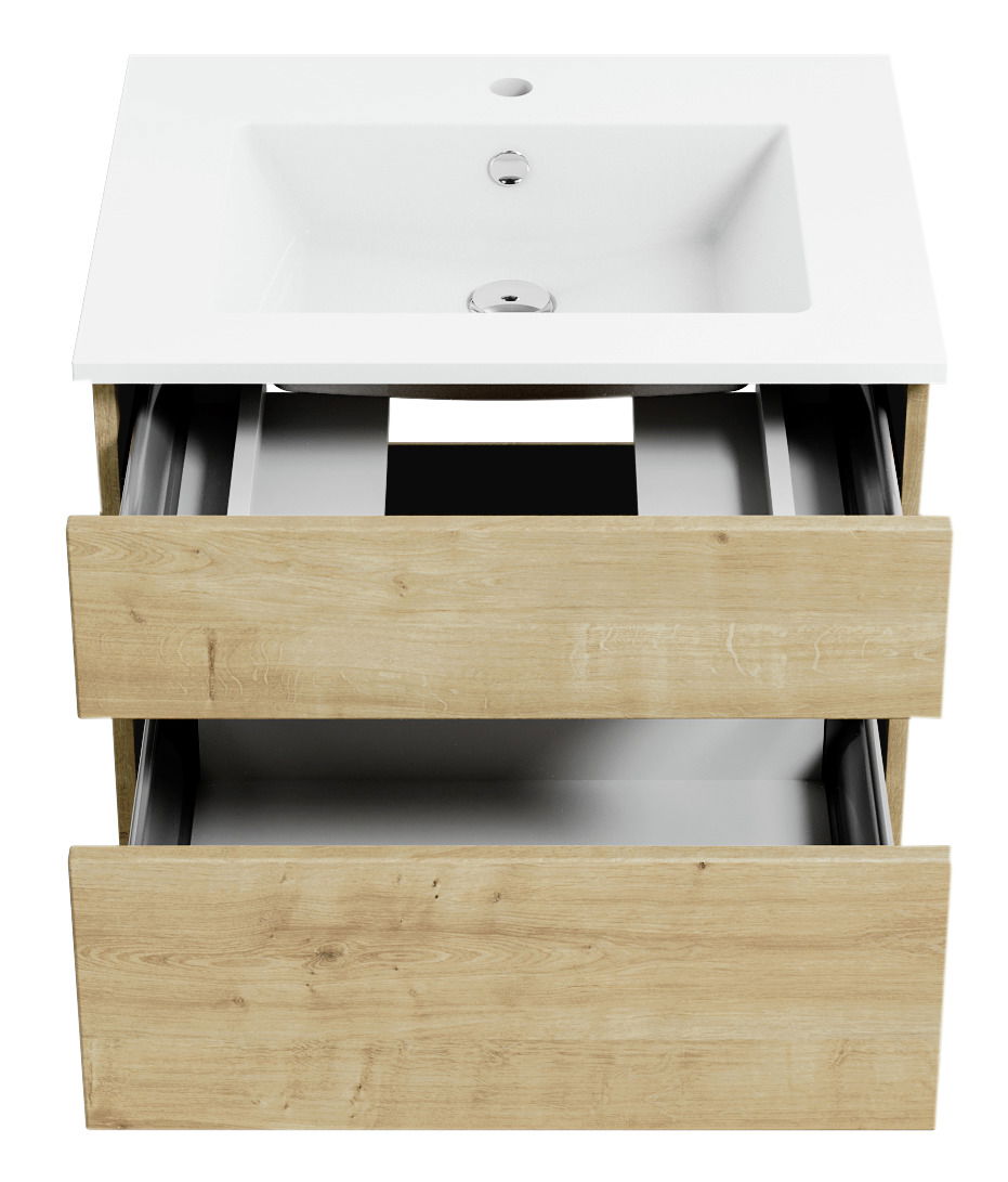 Waschtisch mit Holzoptik und zwei offenen Schubladen, Ansicht von vorne