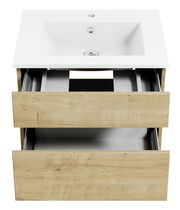 Waschtisch mit Holzoptik und zwei offenen Schubladen, Ansicht von vorne