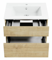 Waschtisch mit Holzoptik und zwei offenen Schubladen, Ansicht von vorne