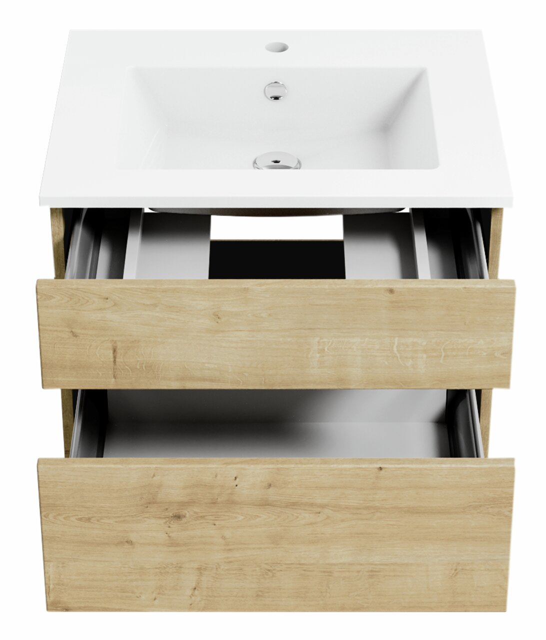 Waschtisch mit Holzoptik und zwei offenen Schubladen, Ansicht von vorne