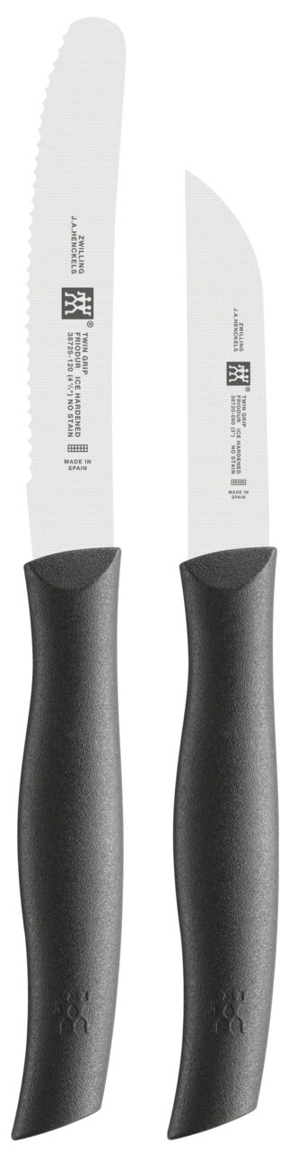 Zweiteiliges Messer-Set mit schwarzem Griff, bestehend aus einem Wellenschliffmesser und einem glatten Messer, frontal abgebildet.