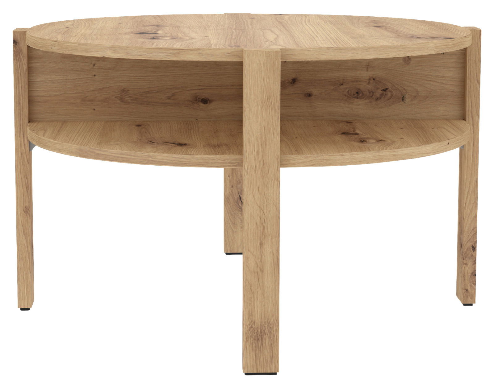 Runder Couchtisch aus Holz mit zwei Ebenen, frontal betrachtet.