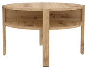 Runder Couchtisch aus Holz mit zwei Ebenen, frontal betrachtet.