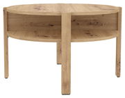 Runder Couchtisch aus Holz mit zwei Ebenen, frontal betrachtet.