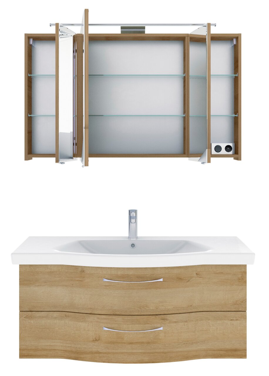 Badezimmermöbel-Set mit Spiegelschrank und Waschbeckenunterschrank in Holzoptik, Frontalansicht