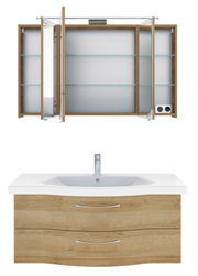 Badezimmermöbel-Set mit Spiegelschrank und Waschbeckenunterschrank in Holzoptik, Frontalansicht