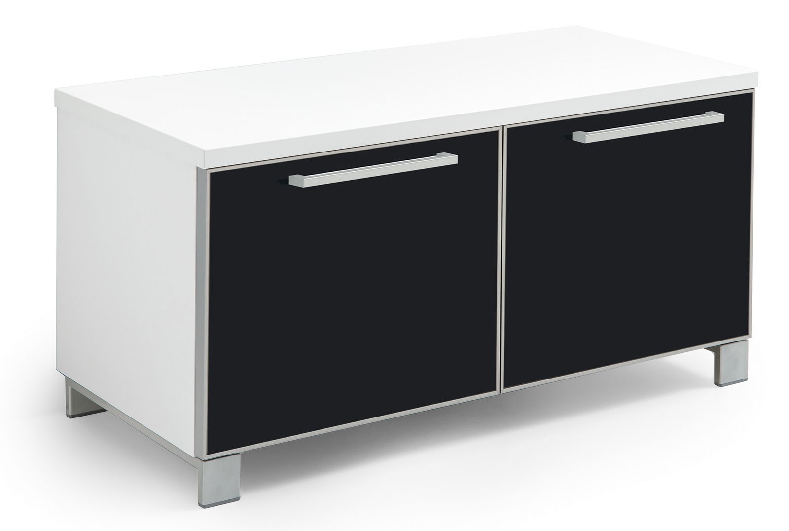 Moderne Garderobenbank mit weißer Oberseite und schwarzen Türen, seitliche Perspektive