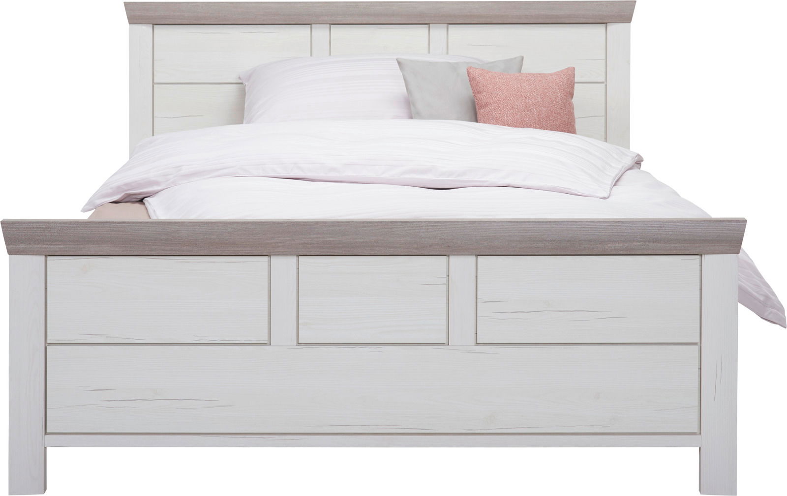 Frontale Ansicht eines Bettes 140x200 cm mit hellem Holzdesign und dekorativen Kissen.