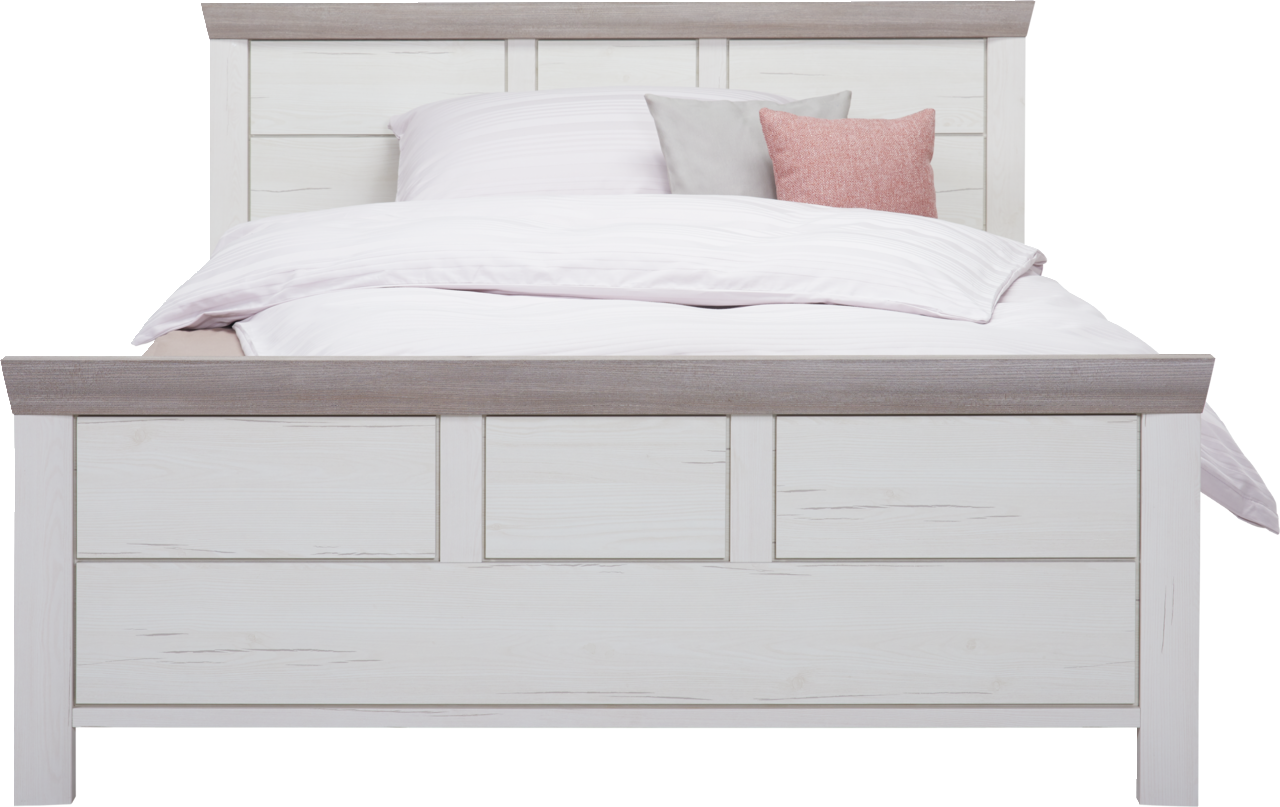 Frontale Ansicht eines Bettes 140x200 cm mit hellem Holzdesign und dekorativen Kissen.
