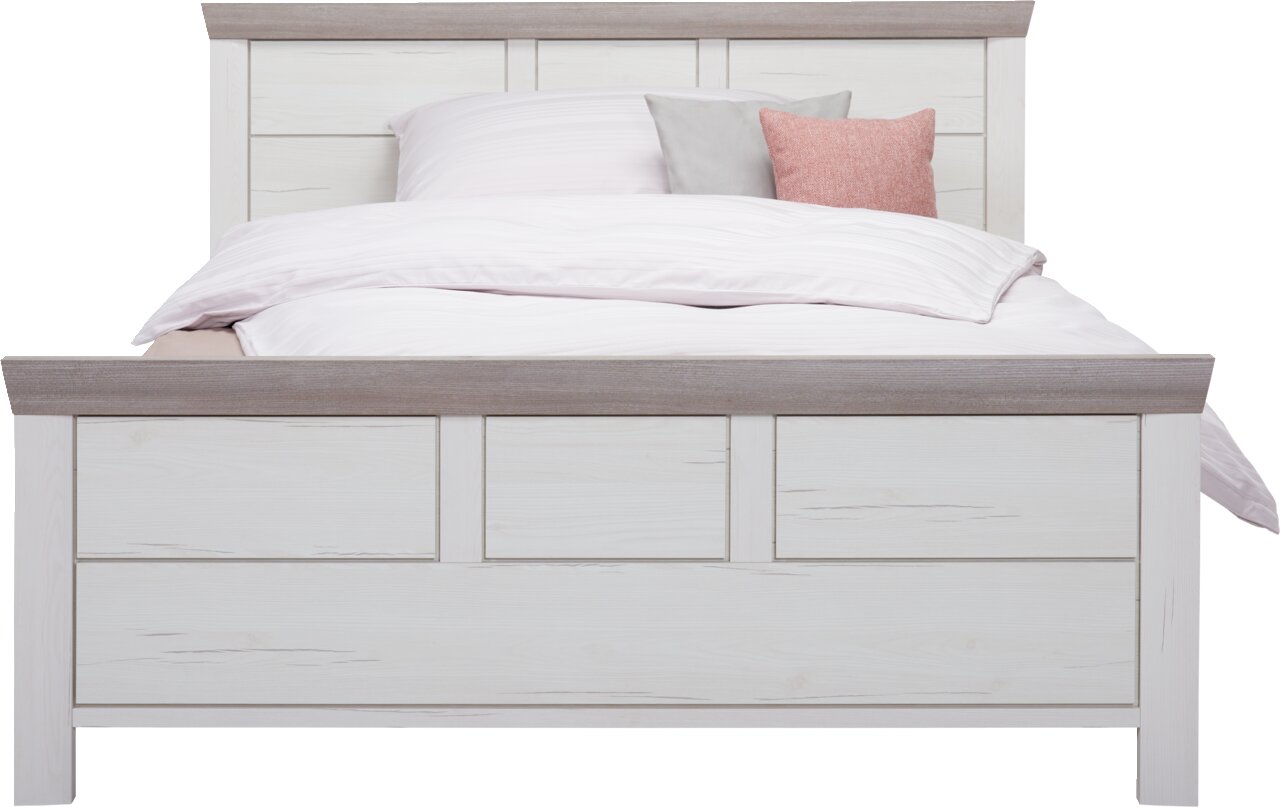 Frontale Ansicht eines Bettes 140x200 cm mit hellem Holzdesign und dekorativen Kissen.