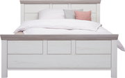 Frontale Ansicht eines Bettes 140x200 cm mit hellem Holzdesign und dekorativen Kissen.