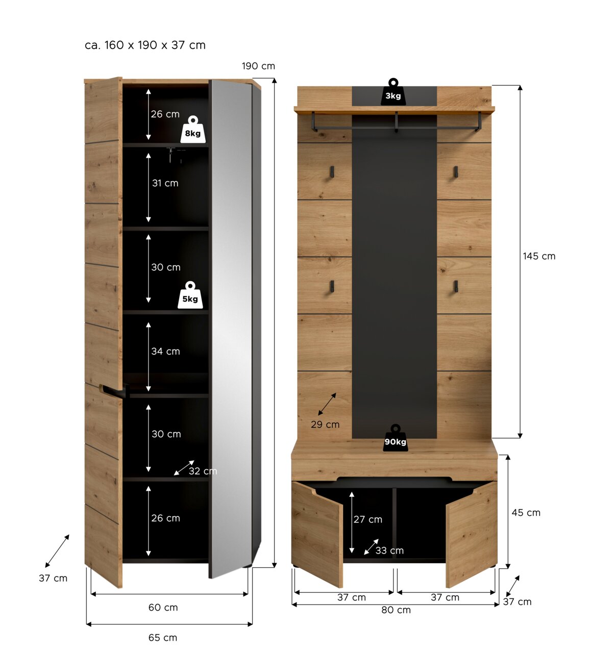 Maßgrafik einer Garderoben-Kombination in Holzoptik mit schwarzer Rückwand: links hoher Schrank mit geöffneter Tür und Regalfächern, rechts Garderobenpaneel mit Hakenleiste und Sitzbank mit Stauraum; Frontansicht mit leicht seitlicher Perspektive und eing