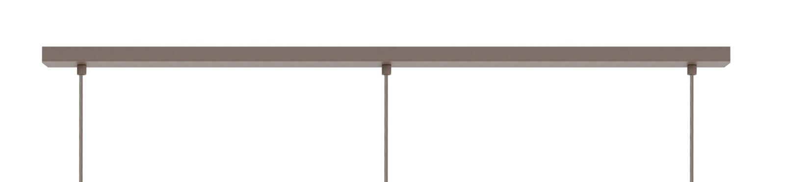 Lange taupekleurige tafel met slanke metalen poten, vanuit een laag zijaanzicht tegen een witte achtergrond