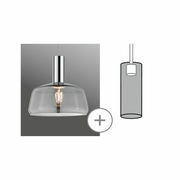 Dekoschirm Neila, moderne Hängelampe mit klarem Glasschirm und Metallfassung, seitliche Perspektive