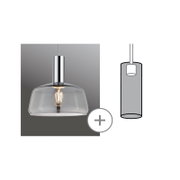 Dekoschirm Neila, moderne Hängelampe mit klarem Glasschirm und Metallfassung, seitliche Perspektive