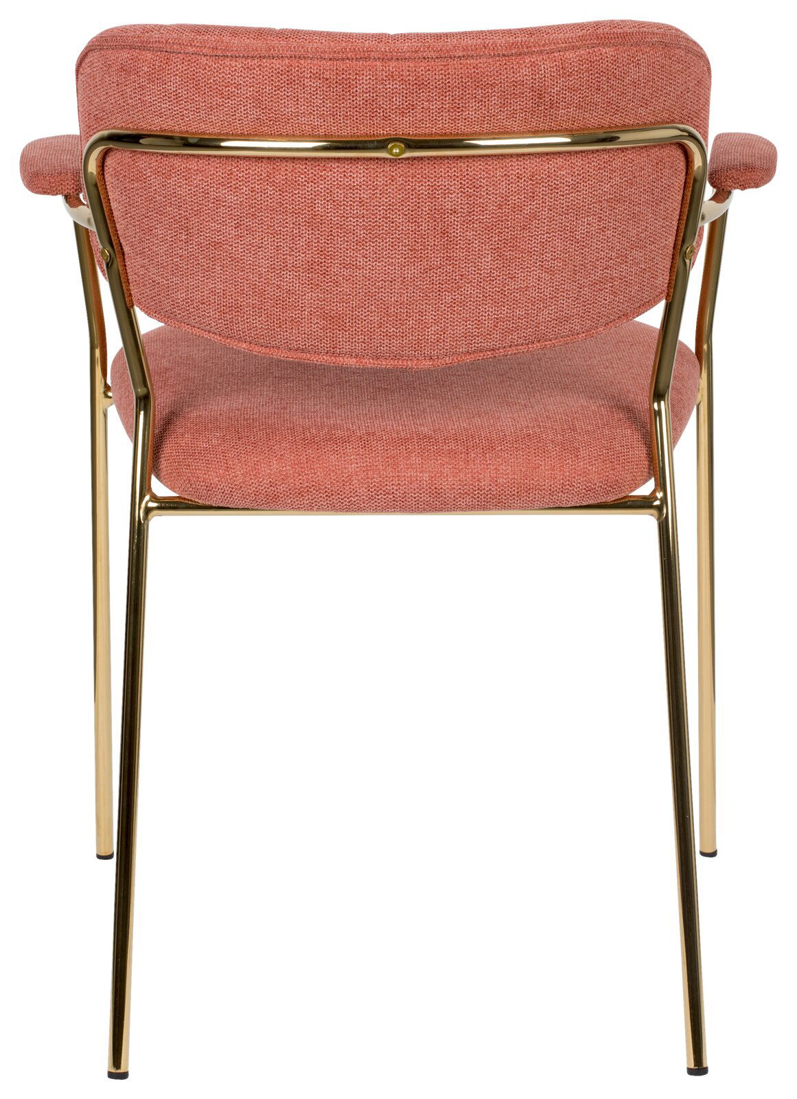 Rückansicht eines Armlehnenstuhls mit rosafarbenem Stoffbezug und goldfarbenem Metallrahmen.