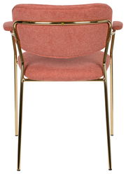 Rückansicht eines Armlehnenstuhls mit rosafarbenem Stoffbezug und goldfarbenem Metallrahmen.