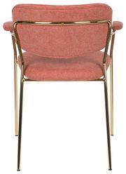 Rückansicht eines Armlehnenstuhls mit rosafarbenem Stoffbezug und goldfarbenem Metallrahmen.