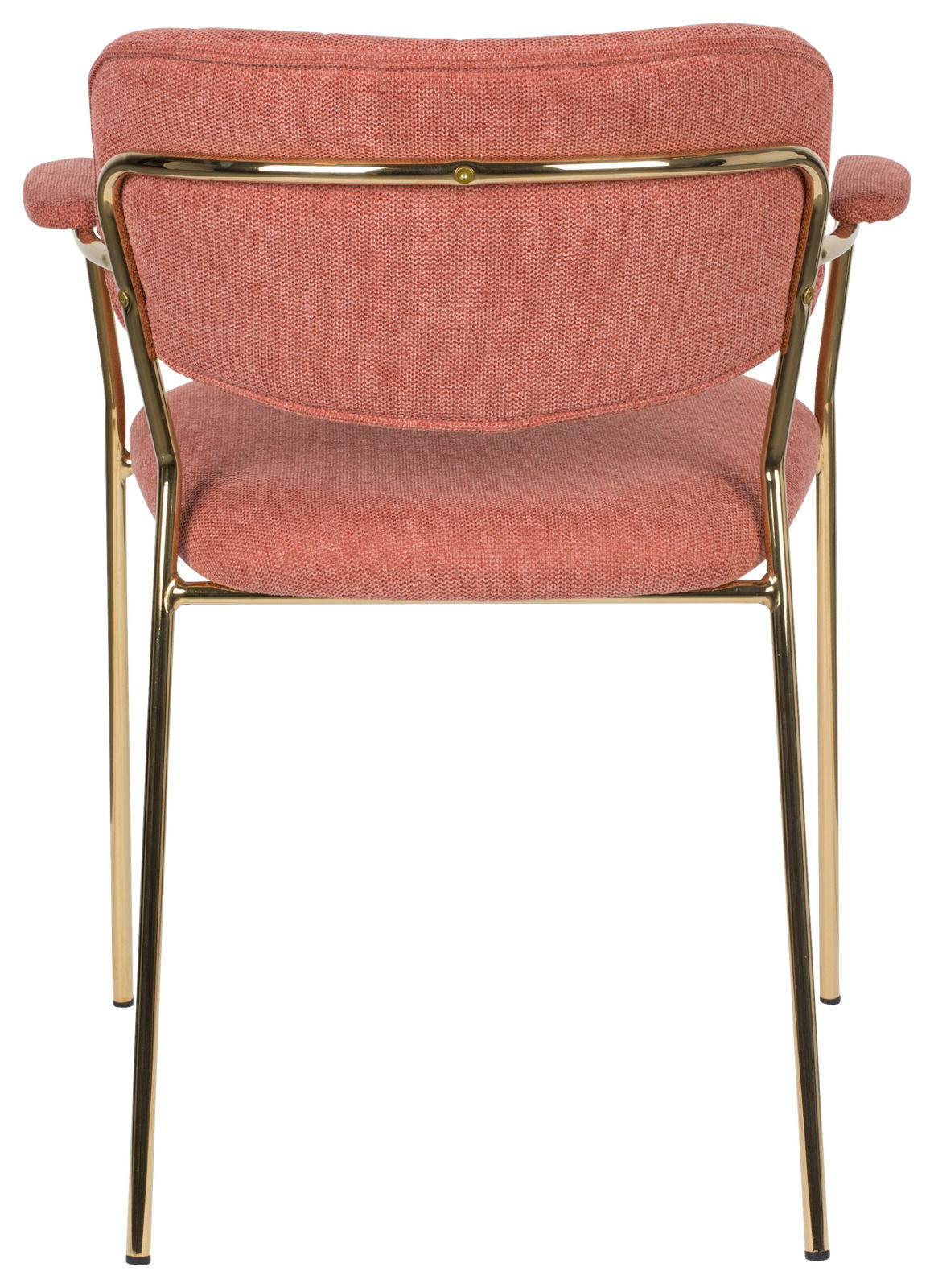 Rückansicht eines Armlehnenstuhls mit rosafarbenem Stoffbezug und goldfarbenem Metallrahmen.