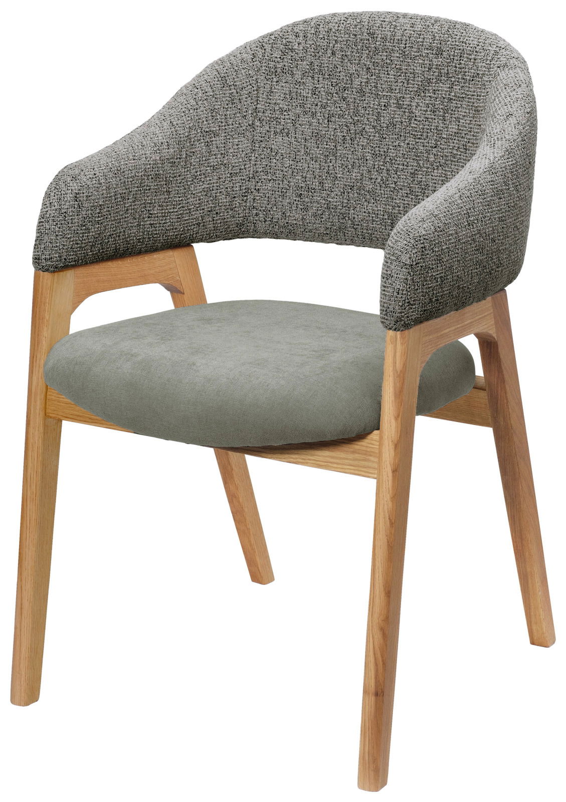 Moderner Armlehnstuhl mit grauem Stoffbezug und Holzbeinen, seitliche Perspektive