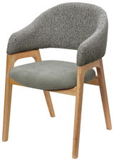 Moderner Armlehnstuhl mit grauem Stoffbezug und Holzbeinen, seitliche Perspektive