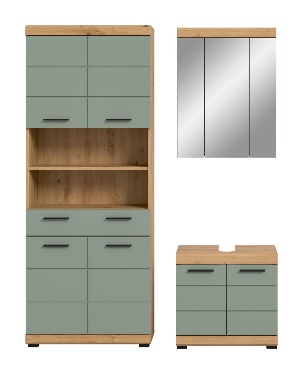 Frontansicht eines modernen Badmöbel-Sets in Eiche-Optik mit salbeigrünen Fronten und schwarzen Griffen: hoher Hochschrank mit offenem Regal sowie Unterschrank mit Aussparung für das Waschbecken und passender Spiegelschrank.