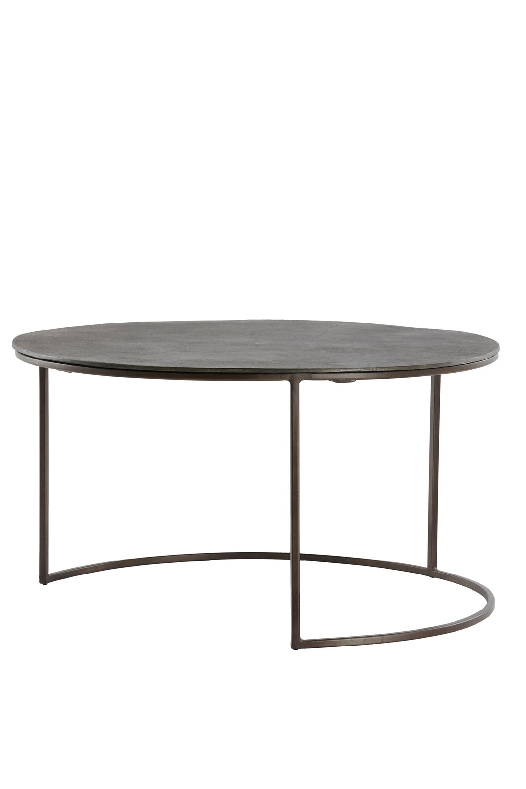 Runder Couchtisch mit dunkler Tischplatte und filigranem Metallgestell, seitliche Perspektive.