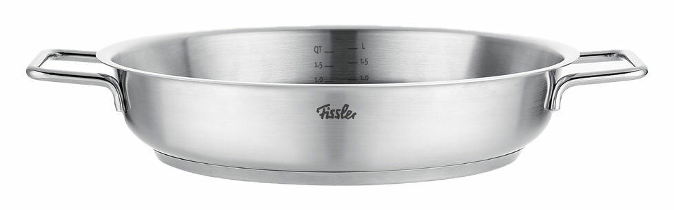 Edelstahl-Servierpfanne mit zwei Griffen, seitliche Ansicht