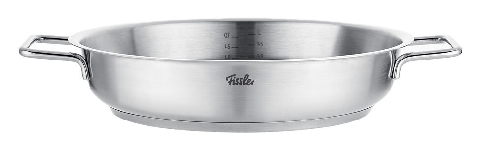 Edelstahl-Servierpfanne mit zwei Griffen, seitliche Ansicht