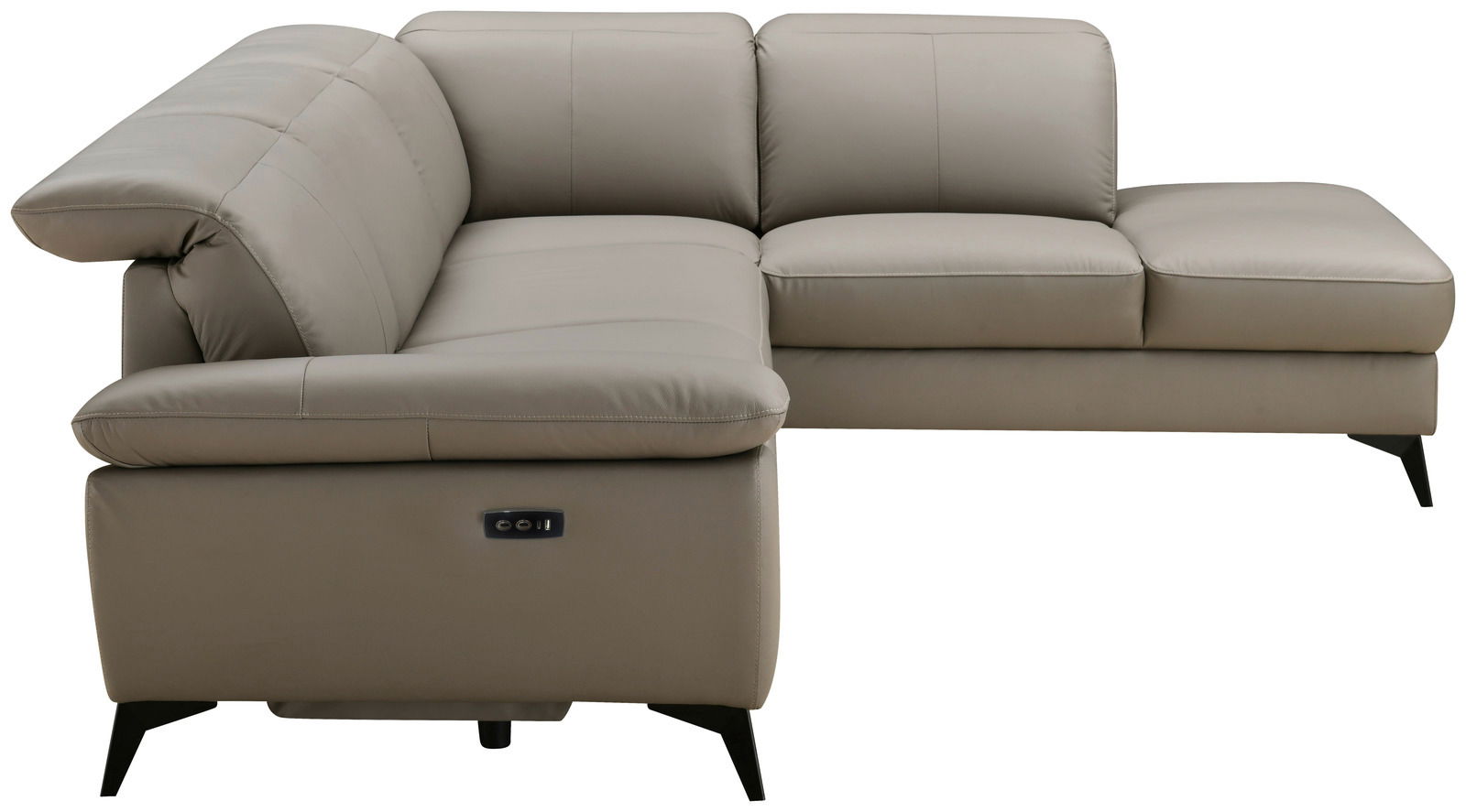 Ecksofa XORA PARIS in beigem Leder mit linker Armlehne und rechter Ecke, seitliche Perspektive.