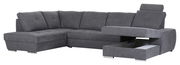 Graues Ecksofa mit verstellbarer Kopfstütze und ausziehbarem Stauraum, Perspektive von vorne rechts.
