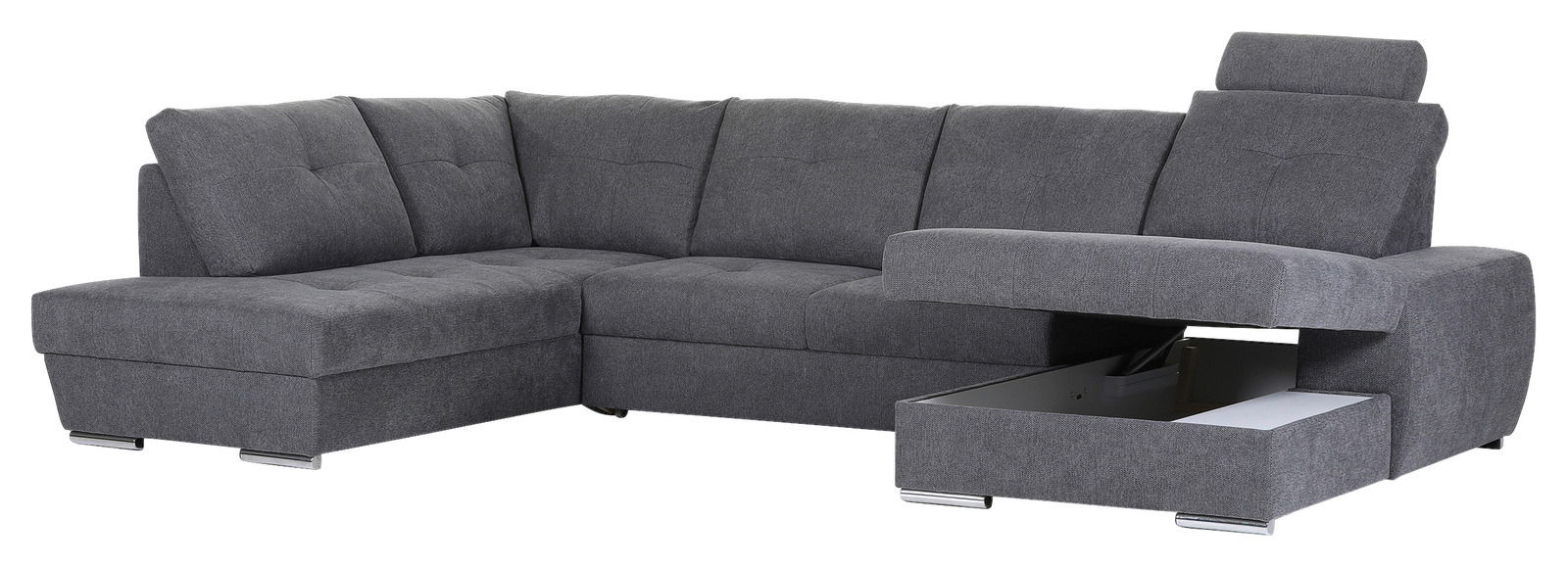 Graues Ecksofa mit verstellbarer Kopfstütze und ausziehbarem Stauraum, Perspektive von vorne rechts.