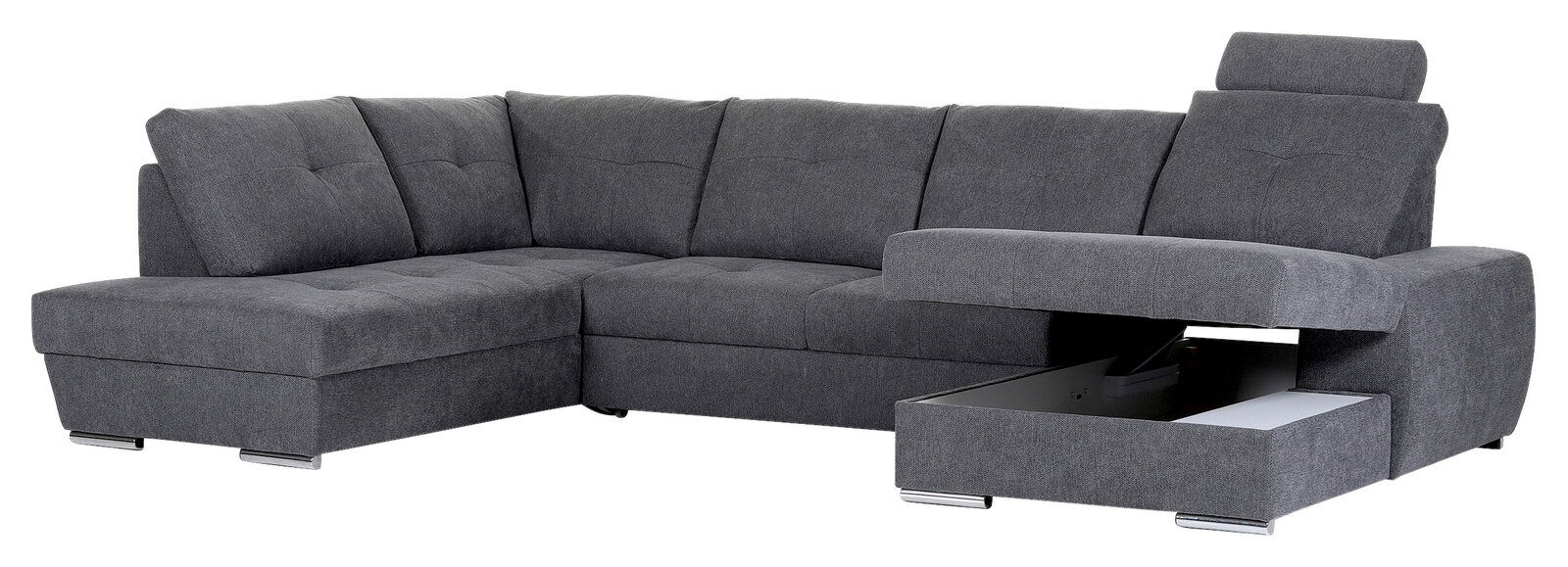 Graues Ecksofa mit verstellbarer Kopfstütze und ausziehbarem Stauraum, Perspektive von vorne rechts.