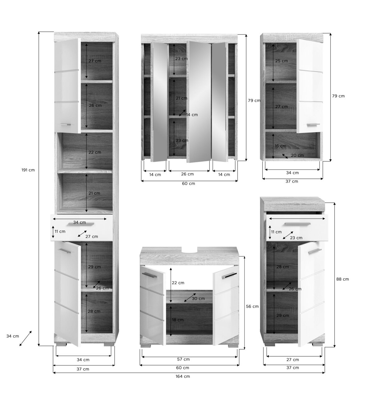 Badezimmermöbel-Set in moderner Optik, bestehend aus mehreren Schränken mit weißen Fronten und Holzdekor, inklusive Spiegelschrank. Frontansicht.