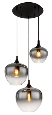 Moderne Hängeleuchte MAXY mit drei rauchgrauen Glaskugeln, warmes Licht, Ansicht von unten.