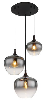 Moderne Hängeleuchte MAXY mit drei rauchgrauen Glaskugeln, warmes Licht, Ansicht von unten.